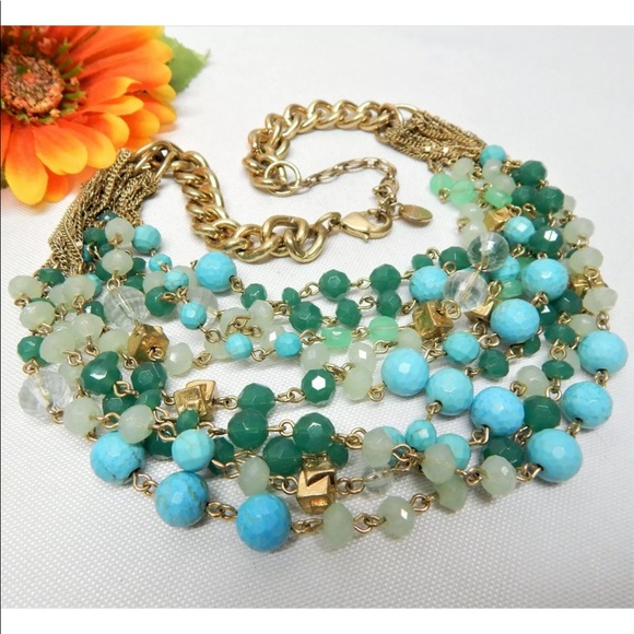 Stella & Dot. Gold Tone Howlite & Crystal Multi Bead Necklace. 20” - Picture 2 of 2